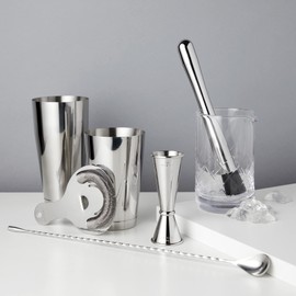 Viski Metallic Cocktail Shaker Set 7pcs Kit, Drink Mixers for Cocktails Gift Essentials: Tin on Tin Shaker, Mixing Glass, Hawthorne Strainer, Double Jigger, Muddler and Barspoon
