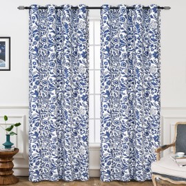 DriftAway Julia Watercolor Blackout Room Darkening Grommet Lined Thermal Insulated Energy Saving Window Curtains 2 Layers 2 Panels Each Size 52 Inch by 102 Inch Navy