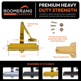 Medium Duty Automatic Commercial Door Closer - Boomerang D703 Hydraulic UL 3 hr. Fire Rated Closer, Surface-Mounted Size 3 for Home & Light Commercial Doors, Painted Brass/Gold (US4)