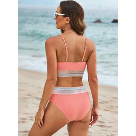 Herseas Womens Bikini Sets Contrast Trim 2 Piece Swimsuit Scoop Neck Adjustable Spaghetti Straps Bathing Suit Peach