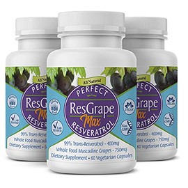 Perfect ResGrape Max, 60 vegetable capsules per bottle(Pack of 3) ~ 99% Trans-Resveratrol & Muscadine Grape ~ Anti-Aging Supplement & Potent Antioxida