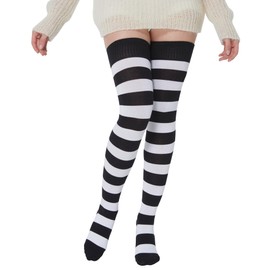 BABAHU Womens Extra Long Cotton Stripe Thigh High Socks Over the Knee High Socks (Black/White & Fuschia/White)