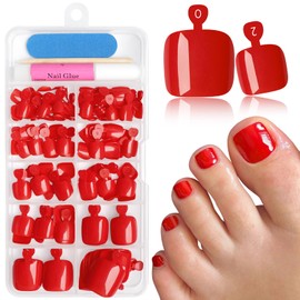 EternalClassic 144pc Press on Toenails for Women Toe Nail Press ons Short Square with Glue&Jelly Glue, Hot Red Fake Toe Nails Glue on Toe Nails, Full Cover Acrylic Artificial Toe Press on Nails