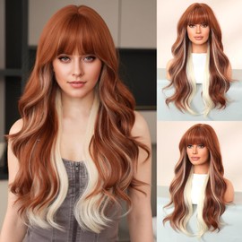 7JHH WIGS Long Wavy Ginger Orange Wig with Bangs 28inch Orange Ombre Heat Resistant Fiber Layered Synthetic White Blonde Highlight Wig for Cosplay Christmas Gifts Party Used