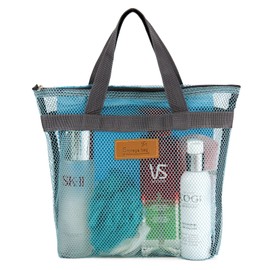 TOPASION Mesh Shower Caddy Bag Portable Hanging Toiletry and Bath Organizer with Zipper for Swimming, Travel, Gym, Camping, College Dorms, Beach (Sky Blue)