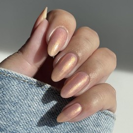 Pale Pink Mirror Face Press on Nails Medium Almond Shape Acrylic Fake Nails with Salon UV Finish Sparkling Gel Nails Press ons Glossy Flash Glue on Nails Medium False Nails with Designs for 24PCS