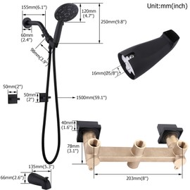 FSCEPIXI 2 Handle Shower Tub Kit,Tub and Shower Faucet Set with 8-Setting Handheld Shower Head and Tub Spout,Matte Black