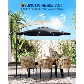 10FT offset patio umbrella with solar lights, 32 LED Lights patio umbrella with Infinite Tilt and Cross Base for 2-6 People, Fade Resistant Canopy for Deck Pool Garden Backyard (Beige)