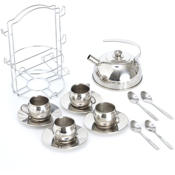 Timy Play Tea Party Set 14pcs for Girls, BPA Free Stainless Steel Teapot Pretend Kitchen Toys