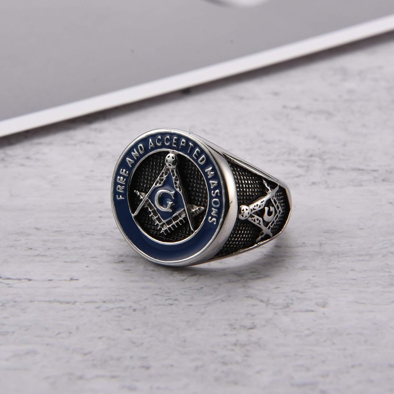 INRENG Men's Stainless Steel Vintage Freemason Masonic Biker Rings Blue