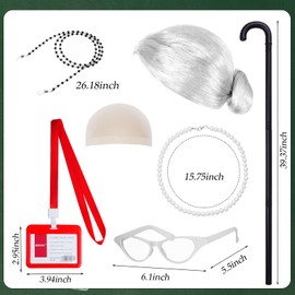 Ishua 7pcs Grandma Wig, Old Lady Wig Costume for Women - 100 Days of School Props for Halloween (White, One size, Straight)