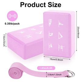 2 Yoga Block and Yoga Strap Set, FHDUSRYO High Density EVA Foam Blocks, Non-slip Yoga Bricks with 6ft Strap, Supportive Latex-Free Yoga Block Kit to Improve Balance and Flexibility (Pink, 9×6×3")