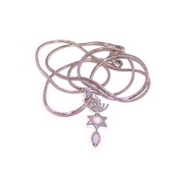 Holy Land Market Messianic Seal symbol with White created Opal Stones - Rhodium plated (2.5 cm - 1 inch - 20 Inch Chain)