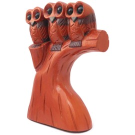 Brave Wings Hand Carved Wooden Owl ~ Three Owls on a Branch 25cm High ~ Ornament Sculpture Figurine Statue Unique Table Decoration Home Decor ~ 4702