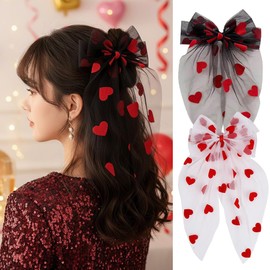 Valentine’s Day Hair Bow Clips Black White Mesh Bows Hair Clips with Red Big Heart Design Long Tail Hair Ribbon Barrette for Women Hair Accessories Non-slip Oversize Hairpins for Ponytail Holder Decor