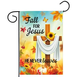 Funnytree Fall For Jesus Garden Flag He Never Leaves Pumpkin Thanksgiving Holiday Farmhouse Outdoor Yard Sign Decor Vertical Double Sided 12" x 18"
