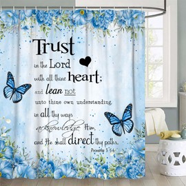 Cortina de ducha de mariposa azul, cortina de ducha inspiradora con versículo de la Biblia, cortinas coloridas bohemias, juego de decoración de baño con ganchos, 70 x 70 pulgadas