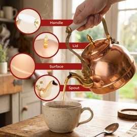 Classic Cuisine Copper Tea Kettle - Teapot for Stovetop with Copper Exterior, Nickel Lining, and Ceramic Handle - 7.25C/1.8Q Vintage-Style Kettle - Perfect for Tea, Coffee, or Cooking