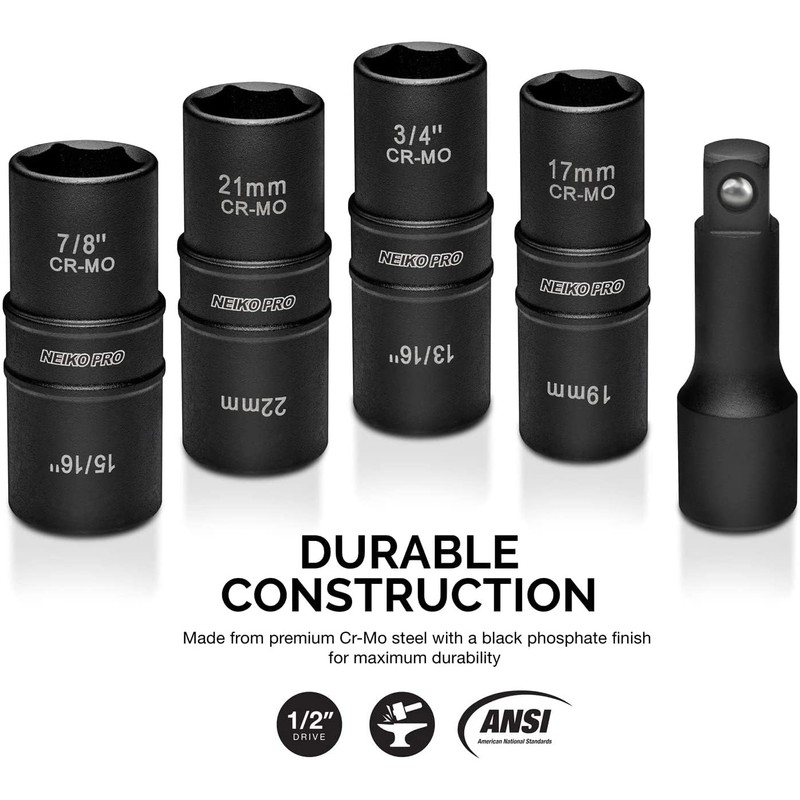 NEIKO 02282B 1/2-Inch-Drive Impact Socket Set, Flip Socket Set, Chrome