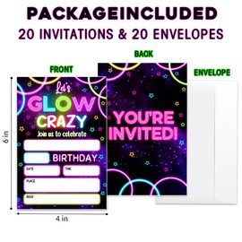 Sahjzk Glow Party Invitations, 20 Double-Sided Fill-In Neon Themed Glow Crazy Party Birthday Invitation with Envelopes for Boys Girls, Party Invite Cards (4×6 inch)-B06