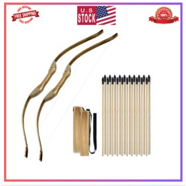 2 Pack Wooden Bow and Arrow Set, Handmade 32 Inch Toy Bow and Arrow for Kids,