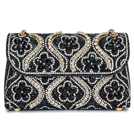 BBTT.ful Flower Evening Handbags Chain Strap Square Shoulder Bag Crossbody Bag Crystals Rhinestone Clutch Purse (black)