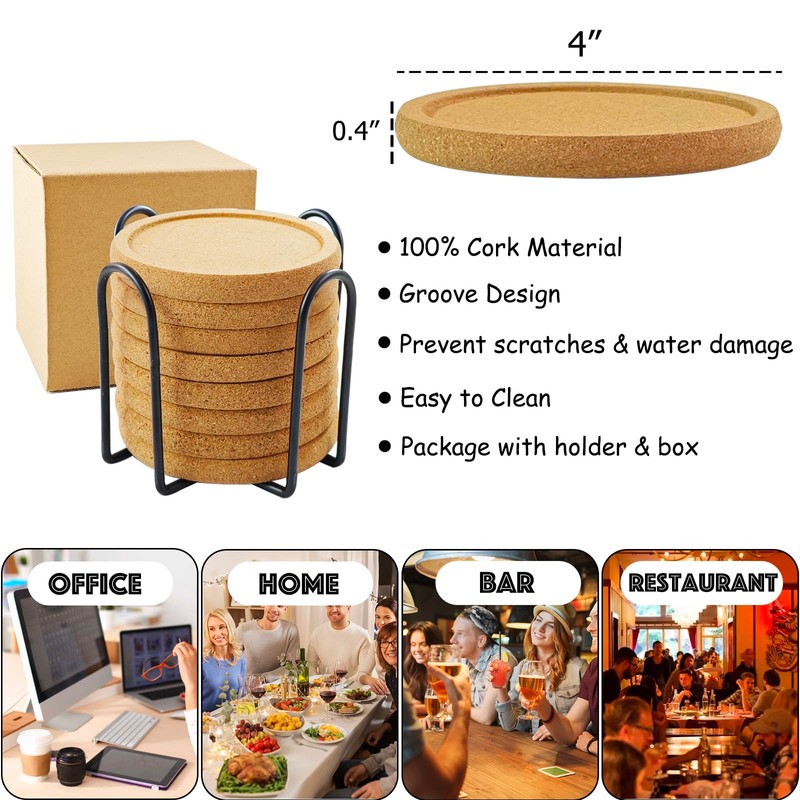HILELIFE Cork Coasters for Drinks, Coaster Set of 8 Pcs