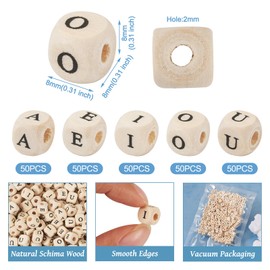 Spritewelry 250 Pcs Square Wood Cube Vowel Letter Beads 8mm Cube Wood Square Alphabet Beads Large Alphabet Letter Wooden Craft Beads for DIY Crafts Bracelet Jewelry Making