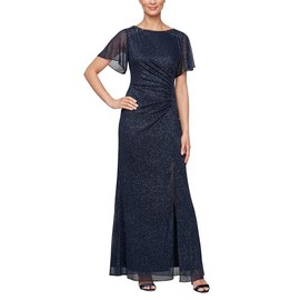 S.L. Fashions Women's Glitter Mesh Stretch Dress w/Shoulder Embellishment Formal Long Gown, (Petite and Regular Sizes), Navy, 10