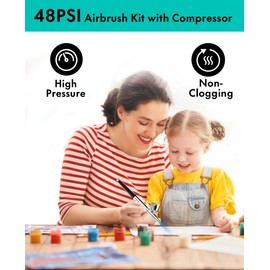 Gocheer Gocheer Airbrush Kit with Air Compressor, 48 PSI High Pressure Air Brush Non-Clogging with 0.2/0.3/0.5mm Nozzle/Cleaning Sets, Ideal for Painting, Modeling, Cake Decor, Pastry, Makeup, Nail Art Black.