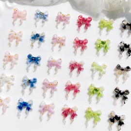 100PCS Bow Nail Charms Mixed 3D Color Gradient Gold Foil Bow Resin Nails Art Rhinestones with Heart Design Y2K Ribbon Bows Charms for Nails Kawaii Bowknot Nail Accessories for Women Nail Decorations