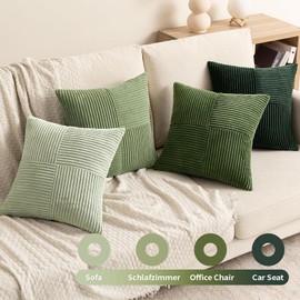 EMEMA Corduroy Cushion Cover, Set of 4, Patchwork Cushion Cover, 45 x 45 cm, Decorative Cushion Sofa Cushion, Corduroy Decorative Cushion for Sofa, Armchair, Home, Bedroom, Green Series