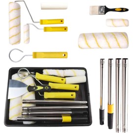 Paint Roller Set, 14 Pieces 9" + 4" Paint Rollers and Trays Sets with Extension Pole, Paint Brush, Microfiber Roller Cover for Painting Walls, Ceiling, Doors, Trim (Yellow)