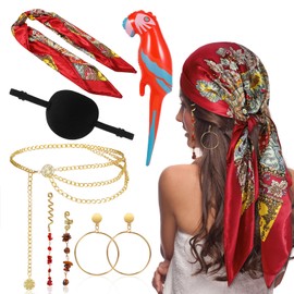 HOWAF Pirate Accessories Women, Pirate Bandana Pirate Head Scarf, Pirate Eye Patch, Waist Chain, Earrings, Inflatable Parrot