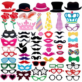 Photo Booth Props - 66 Piece Multicolor Kit - Fun Selfie Party Accessories - Mustaches, Hats, Lips & More - by PixiPy
