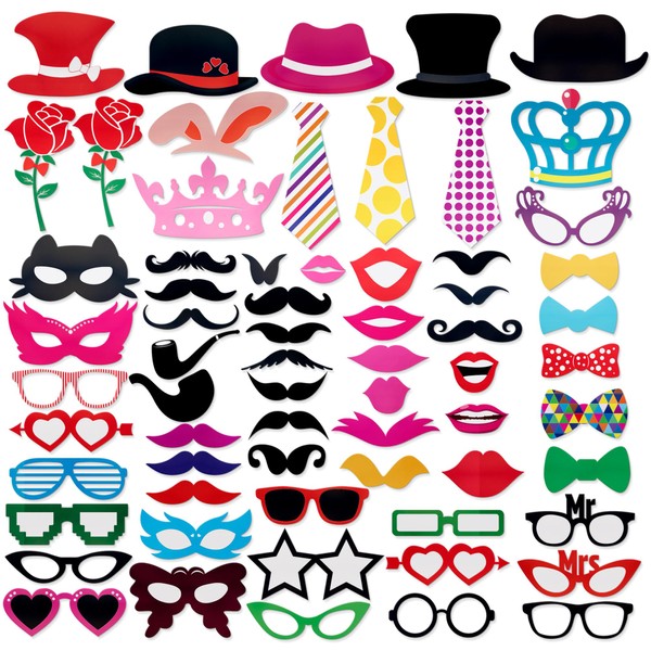 Photo Booth Props - 66 Piece Multicolor Kit - Fun
