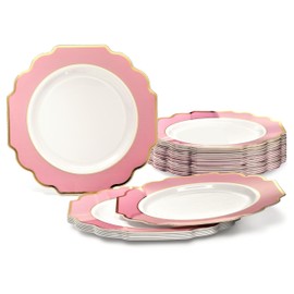 " OCCASIONS " 40 Plates Pack, Heavyweight Disposable Wedding Party Plastic Plates (8'' Appetizer/Dessert Plate, Imperial in White/Light Pink & Gold)