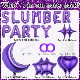 Slumber Party Supplies for Girls Purple, 19 Pieces Pajamas Decorations with Moon Star Heart, Slumber Letter Foil Balloons for Girl Birthday Night Sleepover Spa Party Decoration