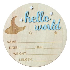 Baby Name Announcement Sign, Baby Announcement Sign, Hello World Newborn Signs, Wooden Birth Name Board, Welcome Arrival Birth Newborn Plaque for Nursery Hospital Babies Photo Props (Blue)