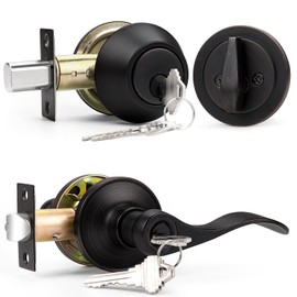 Probrico Oil Rubbed Bronze Exterior Entry Lever and Single Cylinder Deadbolt Combo Pack, Keyed Alike Lockset Handleset for Front Door Entry Lock Set,Drop Shape