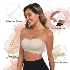 OBICUM Strapless Bras for Women Non-Slip Silicone Push Up Padded Bandeau Bralette Tube Top Bra Beige L