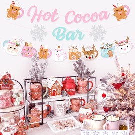 Christmas Hot Cocoa Bar Decoration Kit, Hot Cocoa Bar Banner Hot Cocoa Cups Garland, Pink Gingerbread Christmas Hot Chocolate Bar Decor Supplies for Winter Holiday New Year Christmas Party Decorations