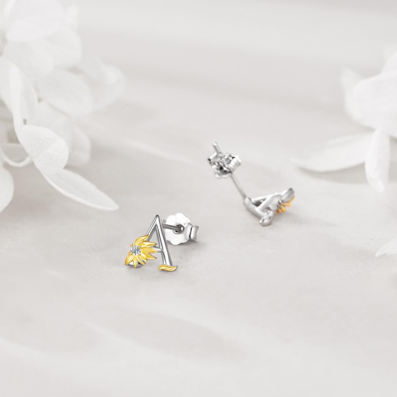 Sterling Silver Initial Alphabet Letter Script Name Earrings Sunflower Initial