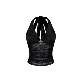 Verdusa Women's Gothic Spiderweb Halter Top Mesh Sheer Backless Fitted Crop Tops Black Small