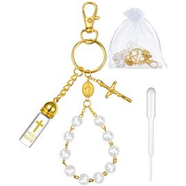 Blushtier Holy Water Bottle Keychain Gift with Rosary Bead Crucifix Eyedropper Organza Bag for Catholic Christian Party Favor(Gold,Classic)