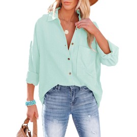 Mingzhu Womens Oversized Cotton Button Down Gauze Shirts Collared Long Sleeve Blouse Top(0377-LightGreen-M)