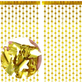 Wanmu 2 Pcs Gold Star Birthday Decoration, 3.2x9.8 ft Golden Backdrop Foil Fringe Curtains, Glitter Paper Star Banners for Wedding, Anniversary Party, Birthday, Graduation, Photo Booth Props