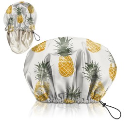 Zewurtuw Luxury Shower Cap Adjustable Reusable Double Waterproof Layer Elastic Satin Lined Hair Bath Cap Cute Aesthetic Women Girls-Pineapple