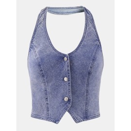 No Boundaries Denim Halter Vest, Women’s Plus, 2XL,  Women's Denim Vest,