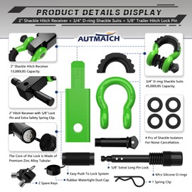 AUTMATCH Shackle Hitch Receiver 2 Inch - 3/4" D Ring Shackle and 5/8" Trailer Hitch Lock Pin, 45,000 Lbs Break Strength Heavy Duty Receiver Kit for Vehicle Recovery, Green